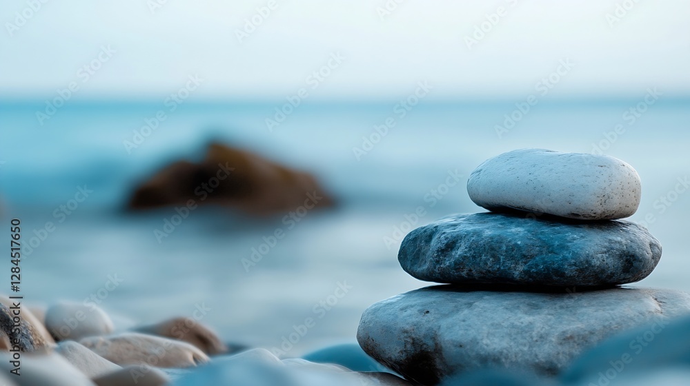 Aufkleber tranquil stacked stones by the sea shore with soft waves and calm water routines : generative ai