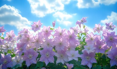 Fototapeta premium Pink Clematis Blossoms Against a Sunny Sky