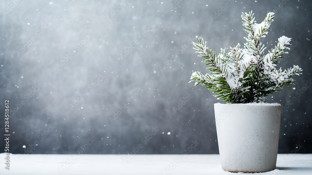 Poster decorative evergreen plant in a snow dusted pot creating a cozy winter atmosphere against a gray bac