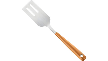 A stainless steel spatula with a wooden handle, featuring slotted design for easy flipping and serving.