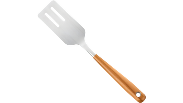 A stainless steel spatula with a wooden handle, featuring slotted design for easy flipping and serving.