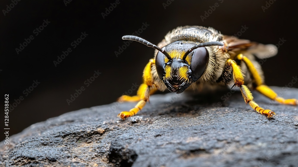 Poster Close up of a bee resting on a dark rock showcasing its intricate details and vibrant colors : Generative AI