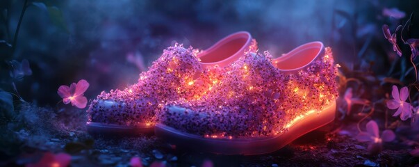Enchanted glowing floral sneakers in mystical garden setting