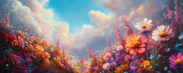 Vibrant wildflower meadow under a dramatic cloud-filled sky