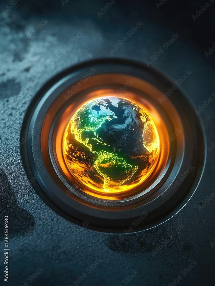 Poster digital rendering of earth in a circular incinerator, symbolizing environmental pollution and global