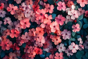 Pink flowers blooming, green leaves, wallpaper art