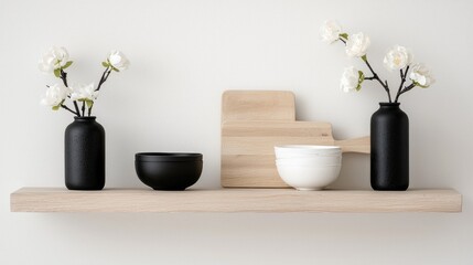 Minimalist Shelf Decor with White Flowers and Bowls