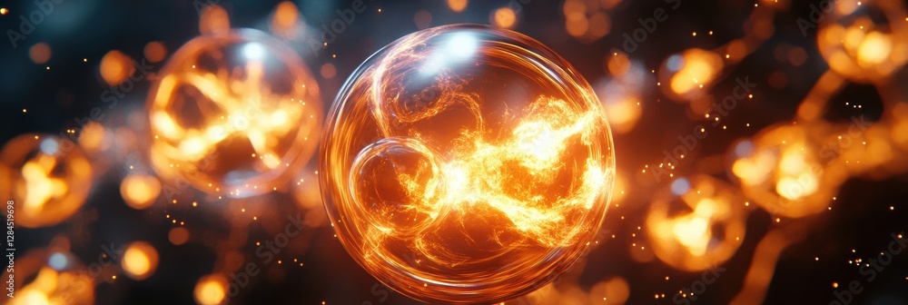 Poster visualization of gas molecules in motion showcases glowing atomic structures in dynamic interaction.