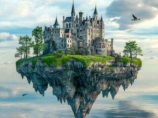 floating castle island, calm water, fantasy architecture, serene scene, reflection