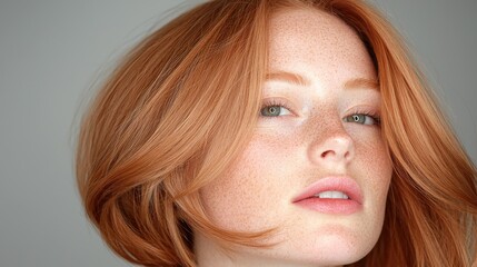 Naklejka premium Close-up portrait redhead woman, grey background