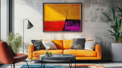 Eclectic Modern Living Room Showcase Featuring a Stylish Frame Mockup Amidst Mixed Textures, Contemporary Art on the Walls, and Vibrant Pops of Color