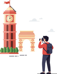 Naklejka premium Tourist capturing moments of iconic landmarks in minimal vector illustration style vector art