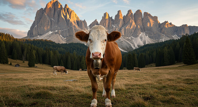 Brown cow standing in front of mountain landscape - Powered by Adobe