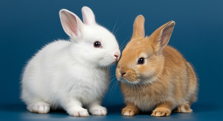 Fototapeta premium Two adorable rabbits sitting on soft blanket