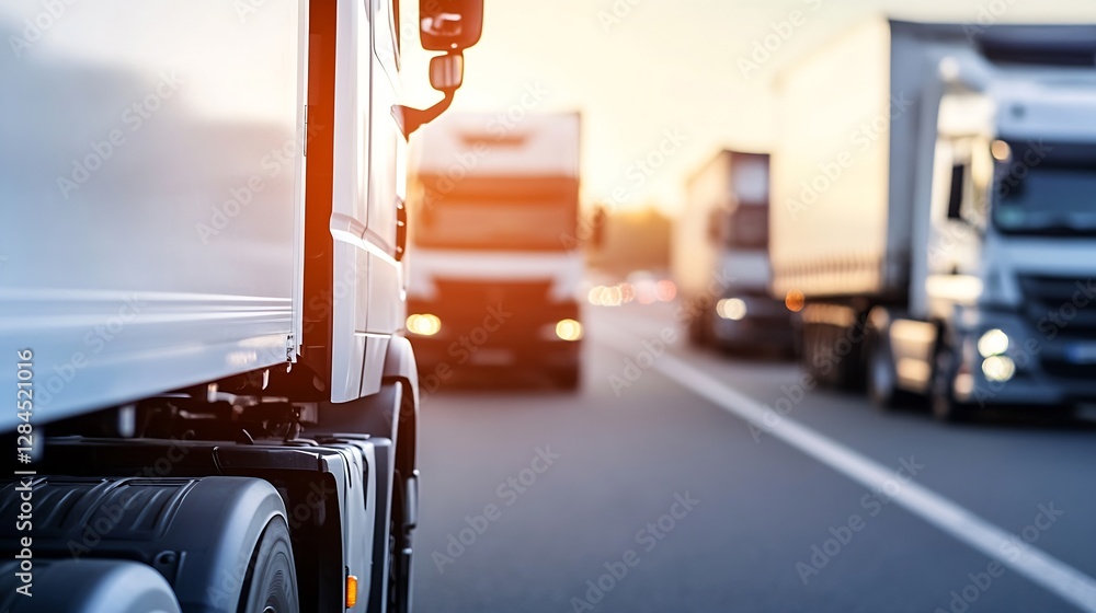 Poster Heavy trucks driving on a highway during sunset creating a dynamic transport scene in a busy environment : Generative AI