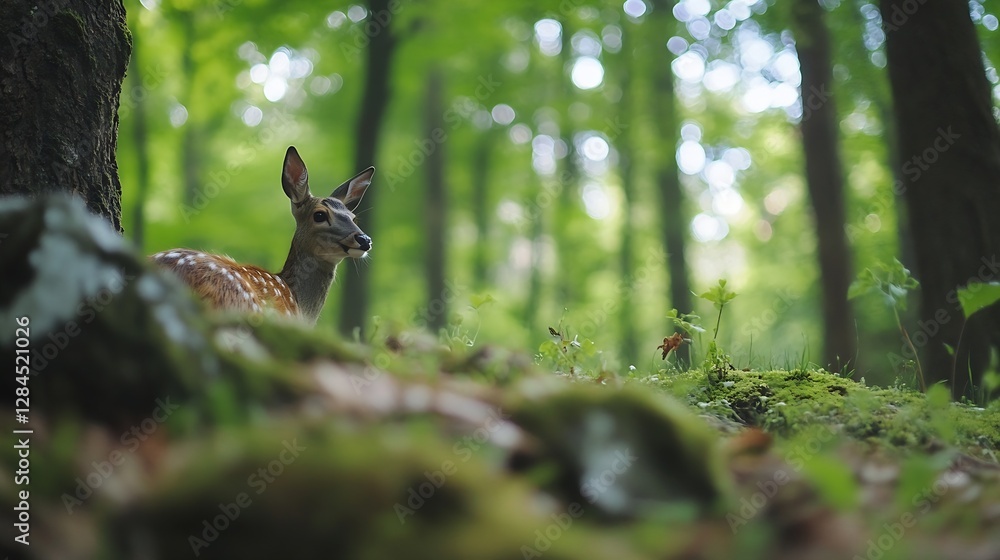 Poster calm and serene deer in a forest surrounded by lush green trees and soft sunlight : generative ai