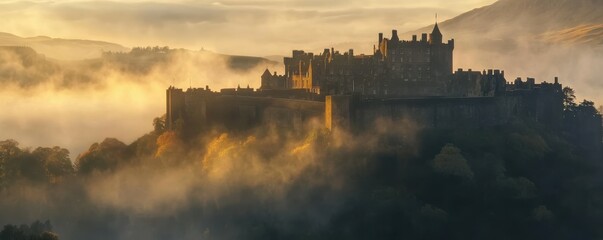 Fototapeta premium Majestic castle surrounded by misty mountains at sunrise in scenic landscape