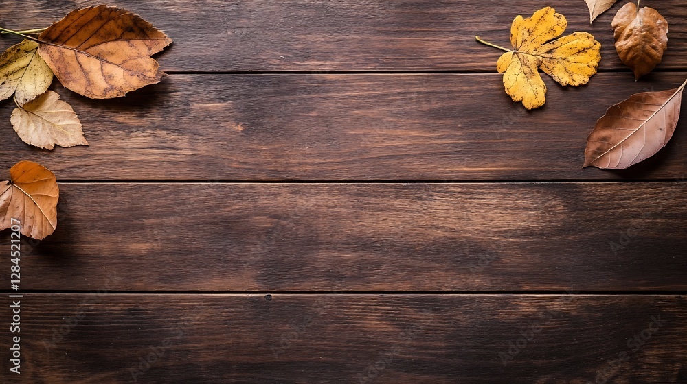 Poster autumn leaves on rustic wooden table creating a warm seasonal atmosphere : generative ai