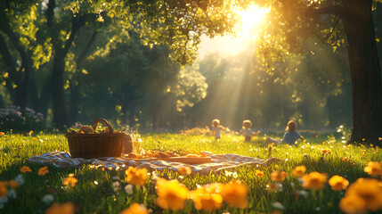 A happy family having a picnic in a sunny park, blanket spread on the grass, basket with food, children playing