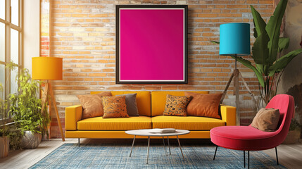 Eclectic Modern Living Room Showcase Featuring a Stylish Frame Mockup Amidst Mixed Textures, Contemporary Art on the Walls, and Vibrant Pops of Color