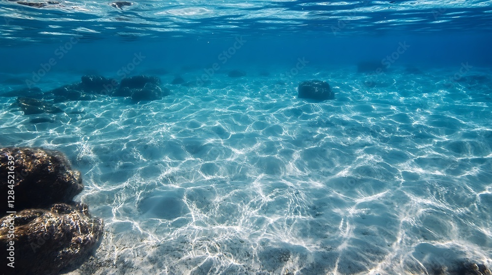 Poster Underwater view of clear blue water illuminated by sunlight creating a serene atmosphere : Generative AI