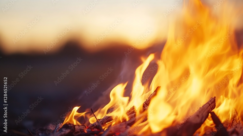 Poster warm glowing flames flickering beautifully with a soft focus background capturing a serene sunset at