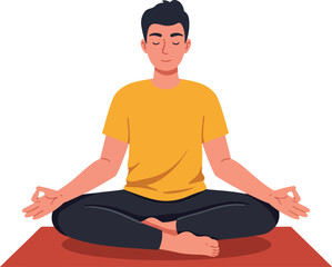 Calm man meditating in yoga pose with minimal flat design vector art
