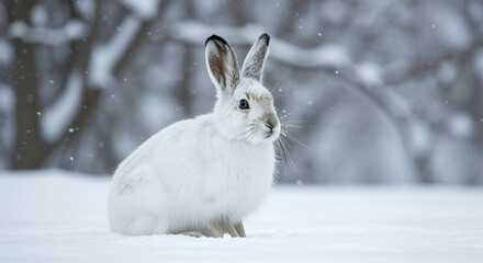 Obraz premium White rabbit sitting in snowy landscape during winter
