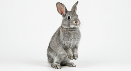 Gray rabbit sitting on white background looking sideways