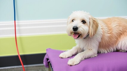 Happy Fluffy Dog Relaxing on Purple Mat at Veterinary Clinic or Grooming Salon