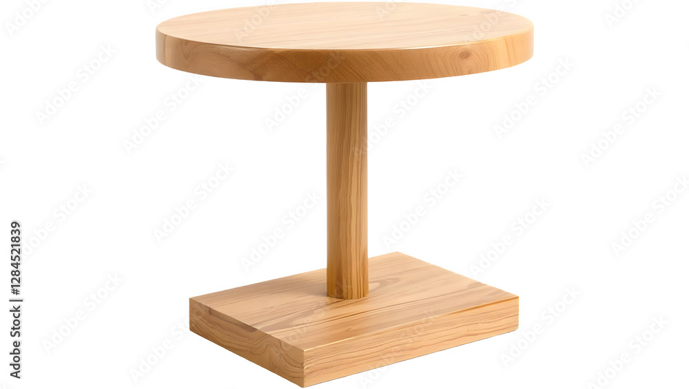 Poster a simple wooden table featuring a circular top and a sturdy base, designed for functional use in var