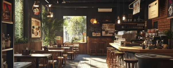 Cozy sunlit café interior with wooden furniture and greenery