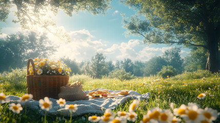 A happy family having a picnic in a sunny park, blanket spread on the grass, basket with food, children playing