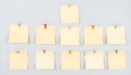 Collection of yellow notes pinned in a pyramid shape, symbolizing organization and brainstorming