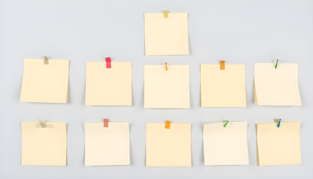 Collection of yellow notes pinned in a pyramid shape, symbolizing organization and brainstorming