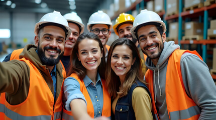 Obraz premium Happy Intercultural Warehouse Workers in Safety Gear Taking a Selfie Together