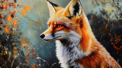 Vibrant portrait of a red fox in an autumnal forest setting with colorful foliage