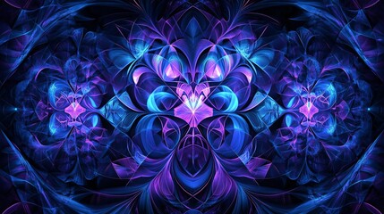 From neon cyan to deep royal purple gradient with glowing edges and geometric patterns.
