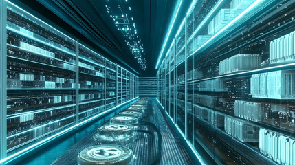 
A high-tech cryptocurrency mining farm with rows of powerful computers, glowing lights, and cooling systems, ultra-detailed