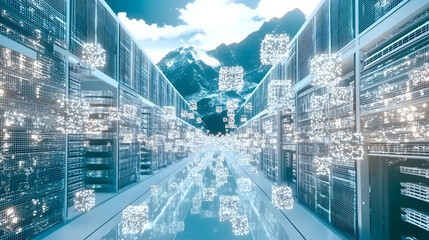 
A high-tech cryptocurrency mining farm with rows of powerful computers, glowing lights, and cooling systems, ultra-detailed