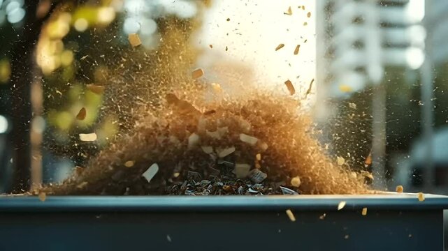 A trash compactor crushing waste into compact blocks for disposal