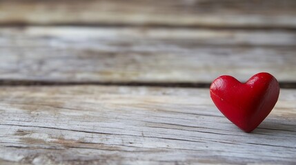 Fototapeta premium Single red heart figurine resting on rustic wooden surface evoking love and affection in a minimalist style : Generative AI