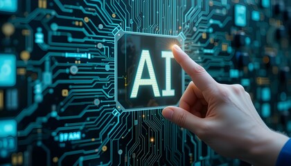 Man touching AI icon on electronic circuit board.


