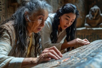 Two women studying ancient hieroglyphs in a historical setting, expressing curiosity.