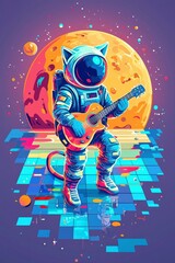Space Cat Astronaut Playing Guitar on Pixelated Moon Surface