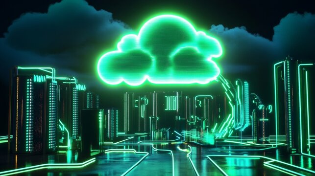 Photorealistic image of powerful servers bathed in green neon light with data streams in motion - Powered by Adobe