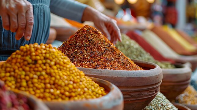 Vibrant display of various spices in traditional market bowls by hands.