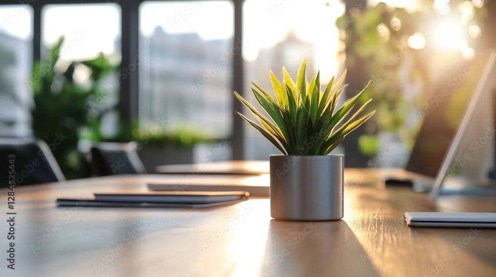 Poster stylish indoor plant centered on a wooden table with sunlight streaming through large windows : gene