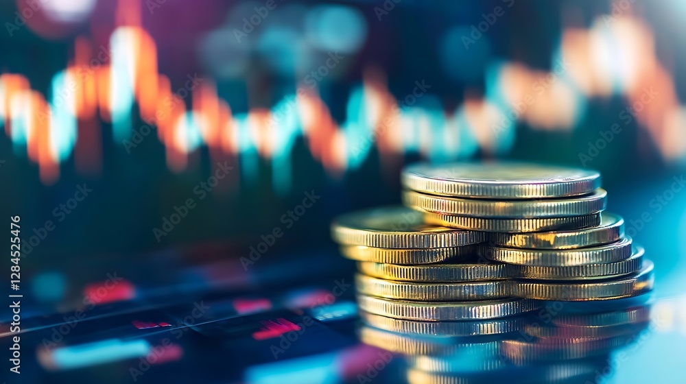 Poster Dynamic financial image featuring stacked coins with colorful market data in the background : Generative AI