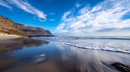 Fototapeta premium Breathtaking Beach Landscape with Rugged Cliffs and Tranquil Ocean Waves Under a Blue Sky : Generative AI